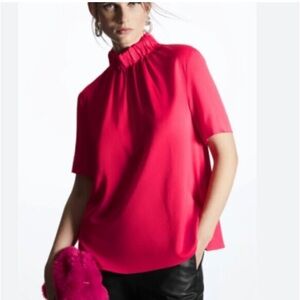 COS high neck satin top in bright pink
